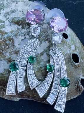 Pink and Green Crystal Drop Earrings for Women